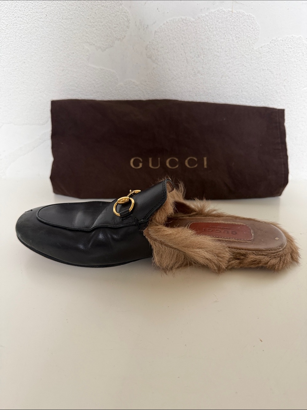 Gucci Black Leather Fur-Lined Horsebit Slipper Mules Size 6 - Picture 7 of 13